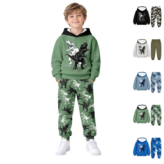 Boys Jogger Set Long Sleeve Dinosaur Print Hoodie and Sweatpants Set Warm Fall Winter Clothes Outfits for Boys Size 5-14 Years