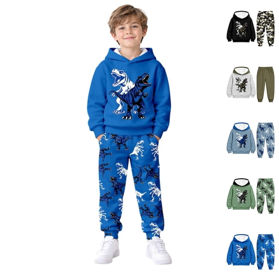 Boys Jogger Set Long Sleeve Dinosaur Print Hoodie and Sweatpants Set Warm Winter Outfits Outfits for Boys Size 5-14 Years