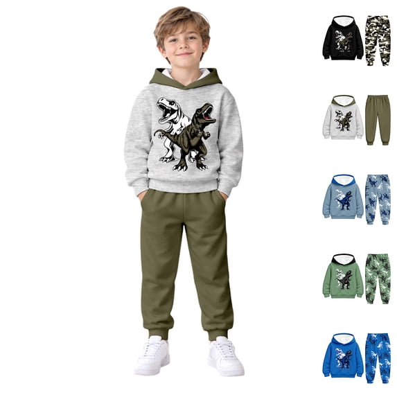 Boys Jogger Set Long Sleeve Dinosaur Print Hoodie and Sweatpants Sets Winter Outfits Boys' Clothes Size 5-14 Years