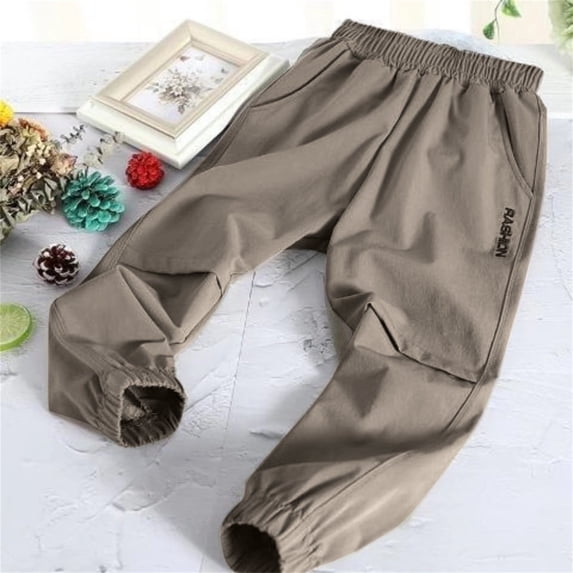 Boys Joggers Pants Elastic Waist Track Pants With Pockets Sports Exercise Summer Trousers For Kids Khaki 7-8 Years