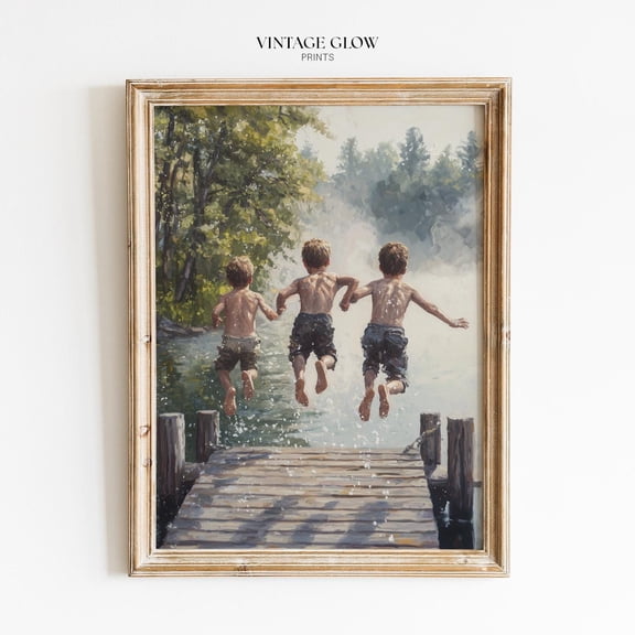 Boys Jumping in Lake Print | Summer Cabin Landscape Decor | Nostalgic Lake Scene |