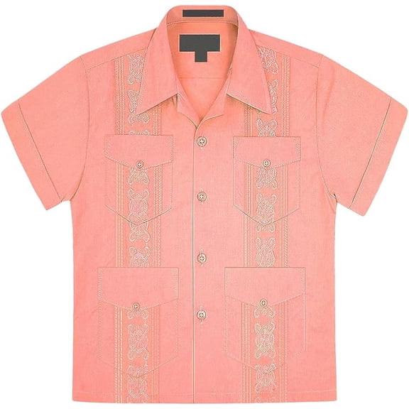 Boys Junior Guayabera Cuban Short Sleeve Embroidered 4 Pocket Shirt Kid-Omega - Coral - Small