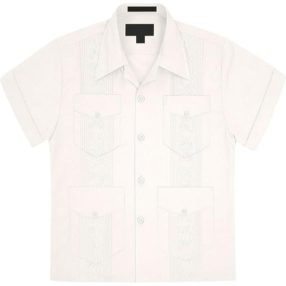 Boys Junior Guayabera Cuban Short Sleeve Embroidered 4 Pocket Shirt Kid-Omega - Ivory - Small