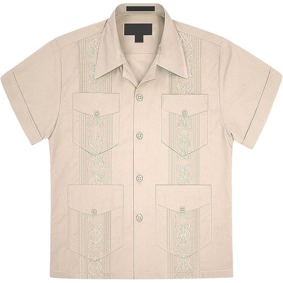 Boys Junior Guayabera Cuban Short Sleeve Embroidered 4 Pocket Shirt Kid-Omega - Khaki - Large