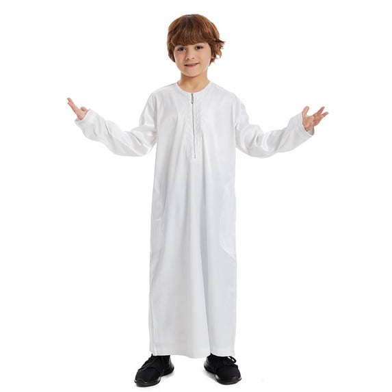 Boys Kaftan Thobe Casual Long Sleeves Robe Crew Neck Kids Robes for Boys White Abaya 3-4 Years