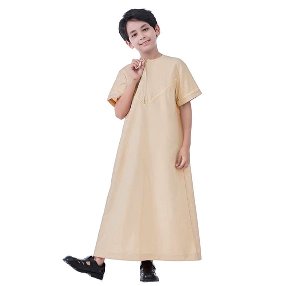 Boys Kaftan Thobe Casual Short Sleeves Gown Shirt Crew Neck Thobes Beige Thobe for Boy 13-14 Years