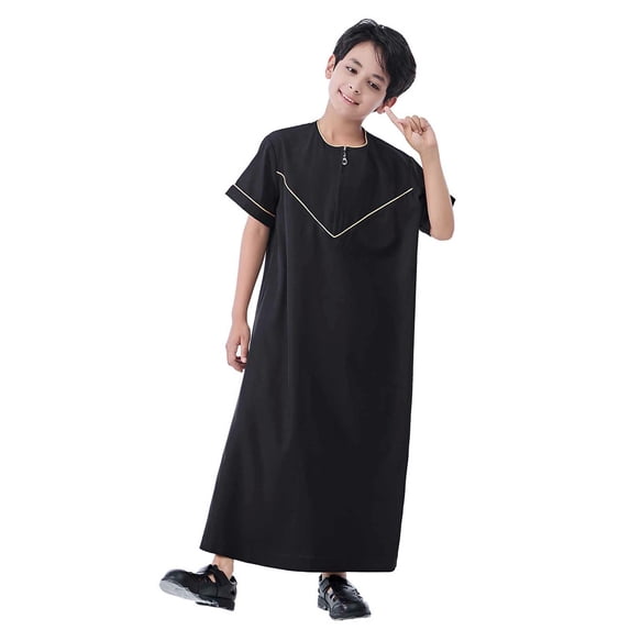Boys Kaftan Thobe Casual Short Sleeves Robe Crew Neck Kids Robe Black Abaya 13-14 Years