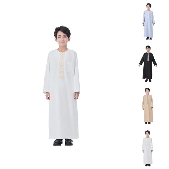 Boys Kaftan Thobe with Pockets Long Sleeve Crewneck Button Down Kaftan Muslim Boys Thobe with Chest Pocket