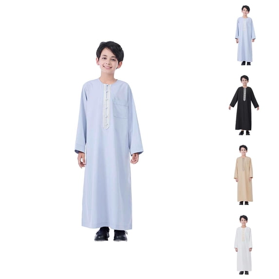 Boys Kaftan Thobe with Pockets Long Sleeve Crewneck Button Down Kaftan Muslim Boys Thobe with Chest Pocket