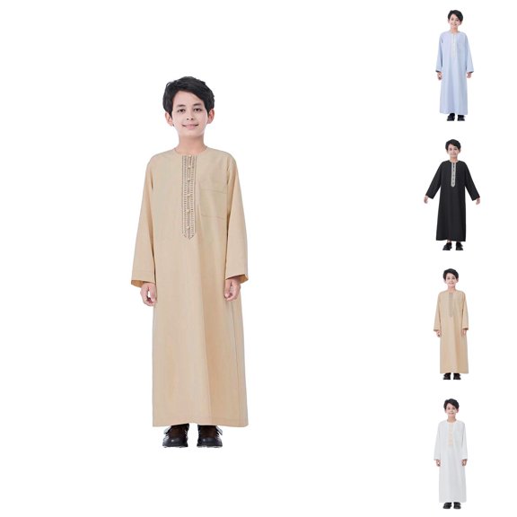 Boys Kaftan Thobe with Pockets Long Sleeve Crewneck Button Down Kaftan Muslim Boys Thobe with Chest Pocket