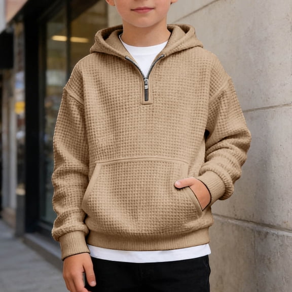 Boys Khaki Hoodies Half Zip Hoodies Casual Long Sleeve Hoodie Sweatershirt Pullover with Pocket Boy Clothes 9-10 Years