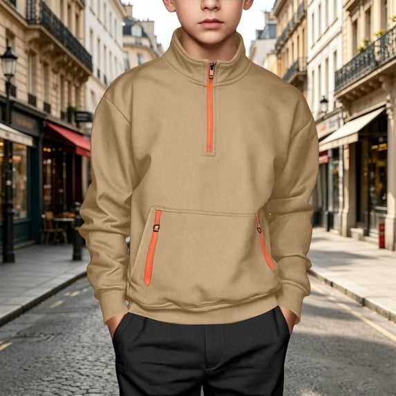 Boys Khaki Quarter Zip Pullover Sweatshirt, Lightweight Long Sleeve Mock Neck with Kangaroo Pocket, Relaxed Fit,Size 7-8T