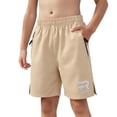 thumbnail image 1 of Boys Khaki Sports Athletic Shorts 6-14Y, 100% Polyester Quick Dry Breathable Activewear with Elastic Waist Drawstring, Zipper Pockets & Reflective Logo,Size 12-13T, 1 of 9