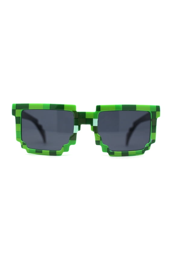 Boys Kid Size 8-bit Pixel Horn Rim Gamer Plastic Sunglasses Green Black