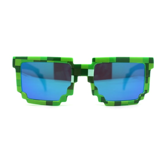 Boys Kid Size 8-bit Pixel Horn Rim Gamer Plastic Sunglasses Green Teal Mirror
