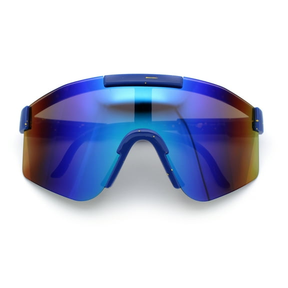 Boys Kid Size Large Shield Rimless Sport MTB Plastic Sunglasses Blue - Blue Mirror