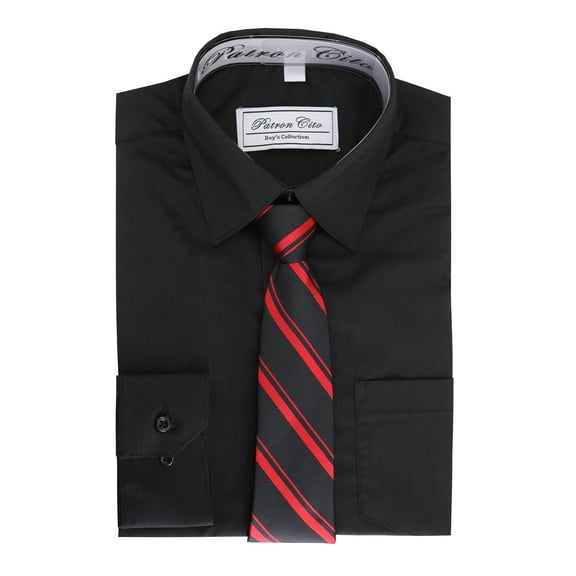 Boys Kids Cotton Blend Long Sleeve Button Up Solid Dress Shirt Set And Tie Set (Black, 8)