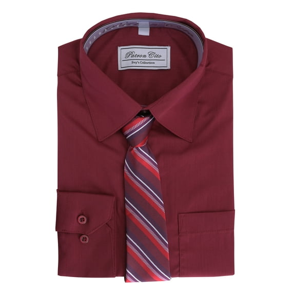 Boys Kids Cotton Blend Long Sleeve Button Up Solid Dress Shirt Set And Tie Set (Burgundy, 20)