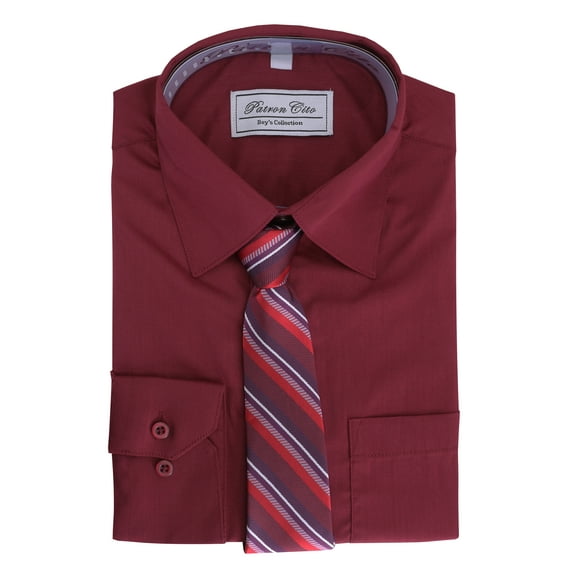 Boys Kids Cotton Blend Long Sleeve Button Up Solid Dress Shirt Set And Tie Set (Burgundy, 4)