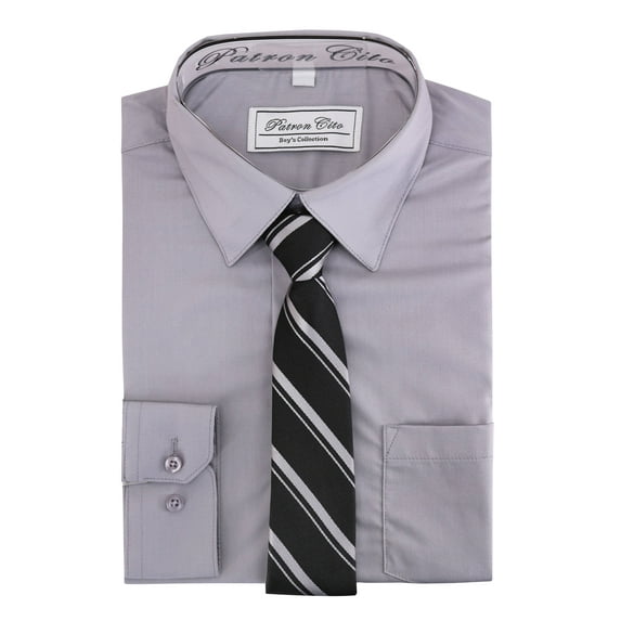 Boys Kids Cotton Blend Long Sleeve Button Up Solid Dress Shirt Set And Tie Set (Grey, 16)