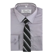 Boys Kids Cotton Blend Long Sleeve Button Up Solid Dress Shirt Set And Tie Set (Grey, 2)