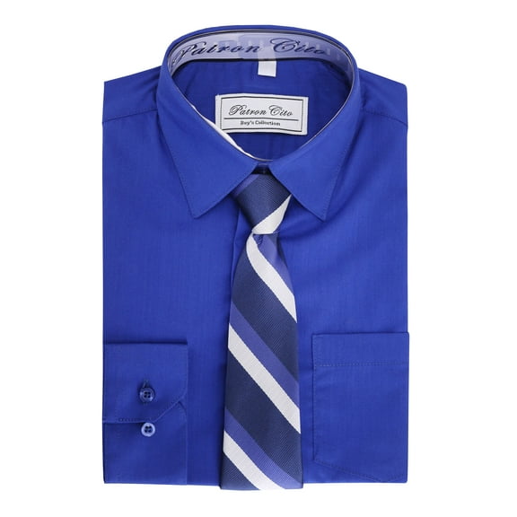 Boys Kids Cotton Blend Long Sleeve Button Up Solid Dress Shirt Set And Tie Set (Royal Blue, 20)