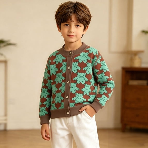 Boys Kids Knit Cardigan Sweater Button Front Crew Neck Long Sleeve Bear Print Green Size 1-8,Size 3-4 T