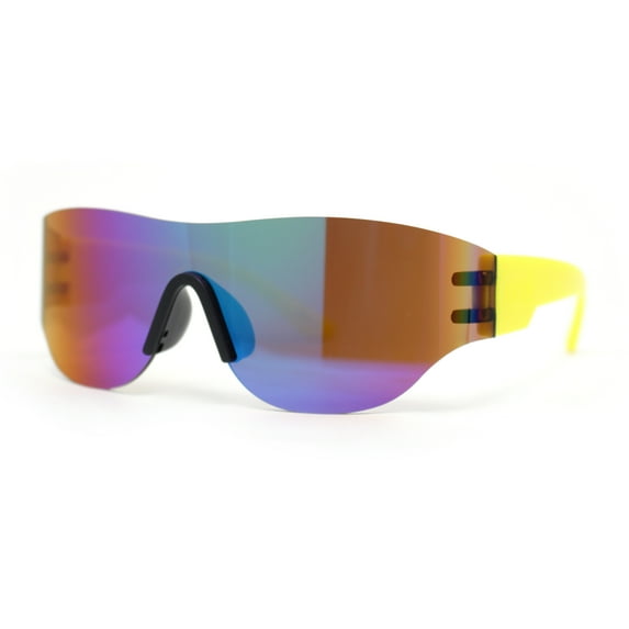 Boys Kids Rimless Shield Color Mirror Wrap Curved Sport Sunglasses Yellow - Green Mirror