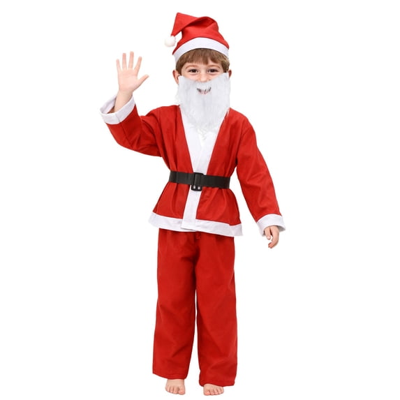 Boys Kids Santa Suit, Red Jacket and Pants with Hat and Beard, Christmas Outfit