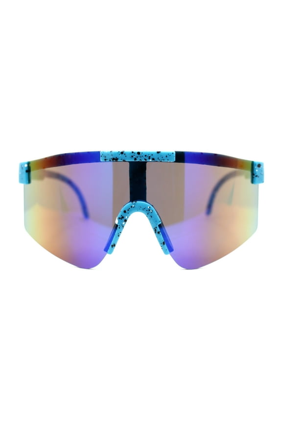 Boys Kids Size 80s Paint Splatter Oversize Rimless Sport Plastic Sunglasses Blue - Blue Mirror