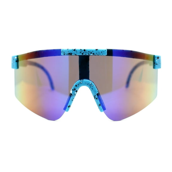Boys Kids Size 80s Paint Splatter Oversize Rimless Sport Plastic Sunglasses Blue - Blue Mirror