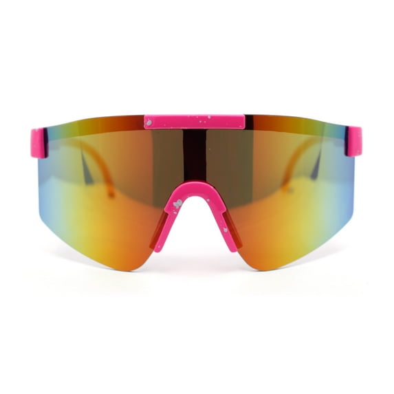 Boys Kids Size 80s Paint Splatter Oversize Rimless Sport Plastic Sunglasses Pink - Orange Mirror