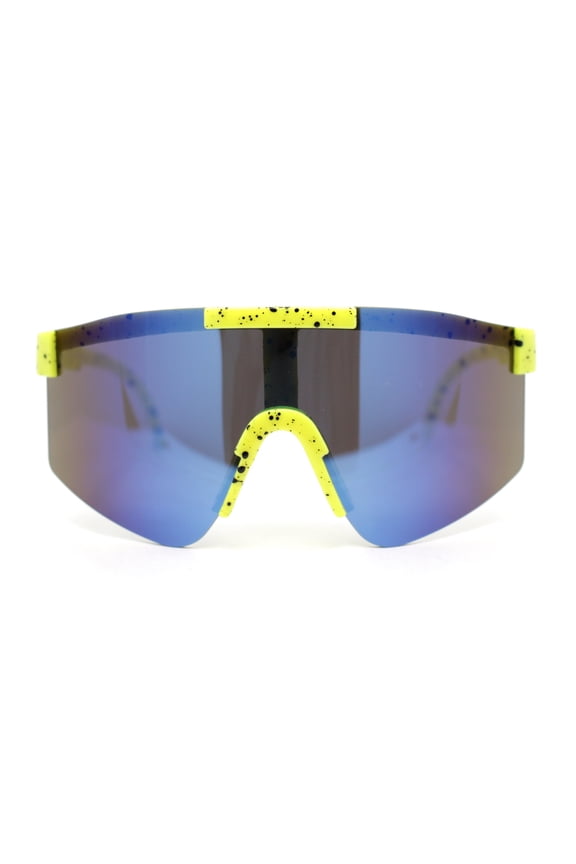 Boys Kids Size 80s Paint Splatter Oversize Rimless Sport Plastic Sunglasses Yellow - Blue Mirror