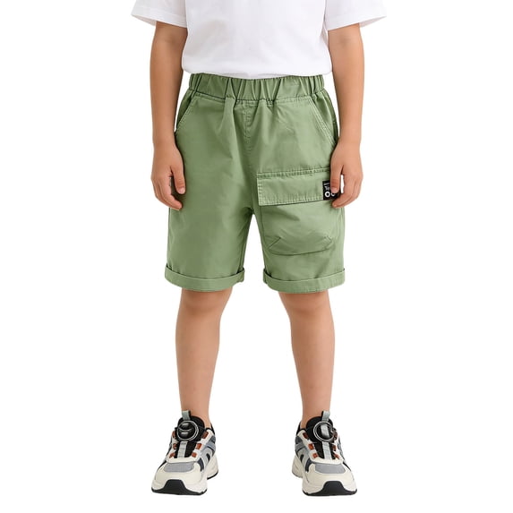 Boys Knee‑Length Cargo Shorts, Elastic Waist Pocket Roll‑Up Hem Casual Summer Shorts for Kids 2‑12 Years Old