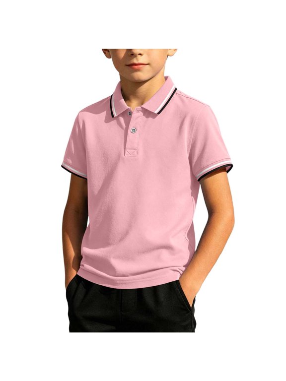 Boys Knit Short Sleeve Polo Shirt Big Kids Summer Casual Shirts School Uniform Golf Tops Tees 3-12Y Pink-A