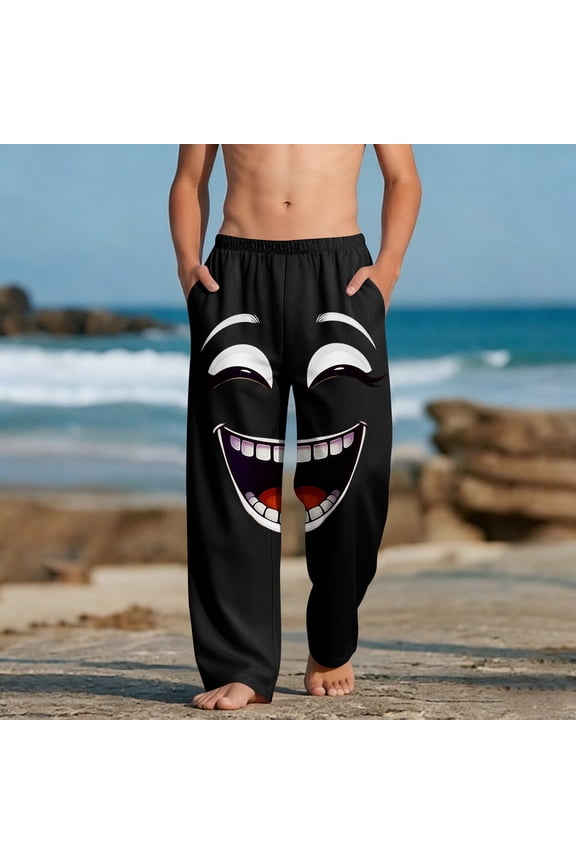 Boys Laughing Emoji Print Beach Pants with Pockets, Soft Stretchy Kids Pjs Bottoms for & Play, Elastic Waist, Sizes 4-12, Black,Size 4 T