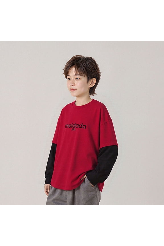 Boys' Layered Look Long Sleeve T-Shirt Color Block Wine Red Top Soft Stretch Oversized Fit Casual Streetwear for Kids Ages 7-15,Size 9-10 T