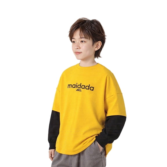 Boys Layered Look T-Shirt Yellow Oversized Drop Shoulder Top Two Piece Look Streetwear for Youth Kids Big Boys,Size 13-14 T