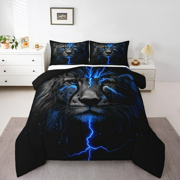 Leopard Print Bedding Set King Black Blue Lightning Cheetah Print Comforter Set For Adults Men Room Decor,Retro Jungle Wildlife Down Comforter Safari Animal Quilt Duvet 3 Pcs