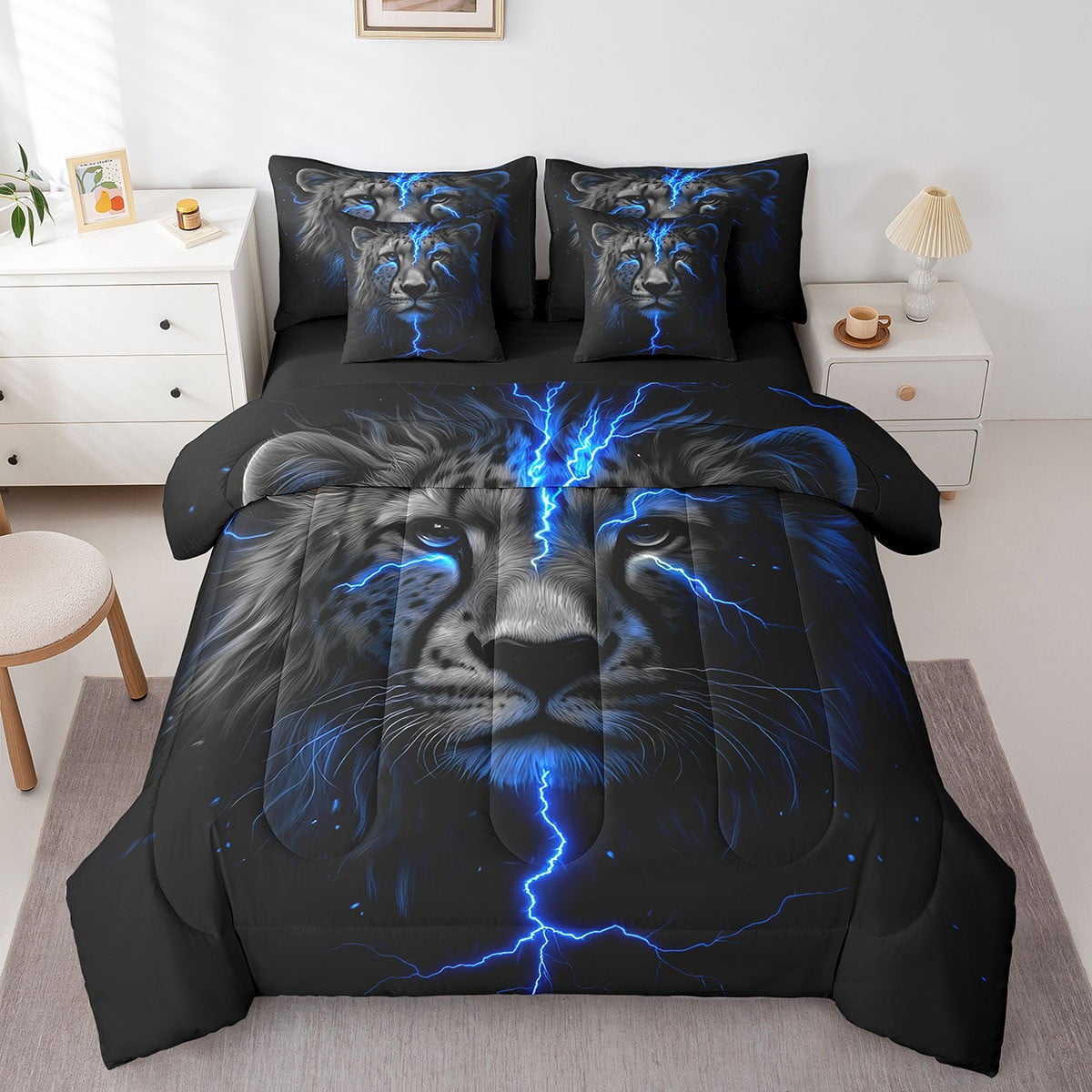 Boys Leopard Print Queen Bedding Set 7 Piece Black Blue Lightning