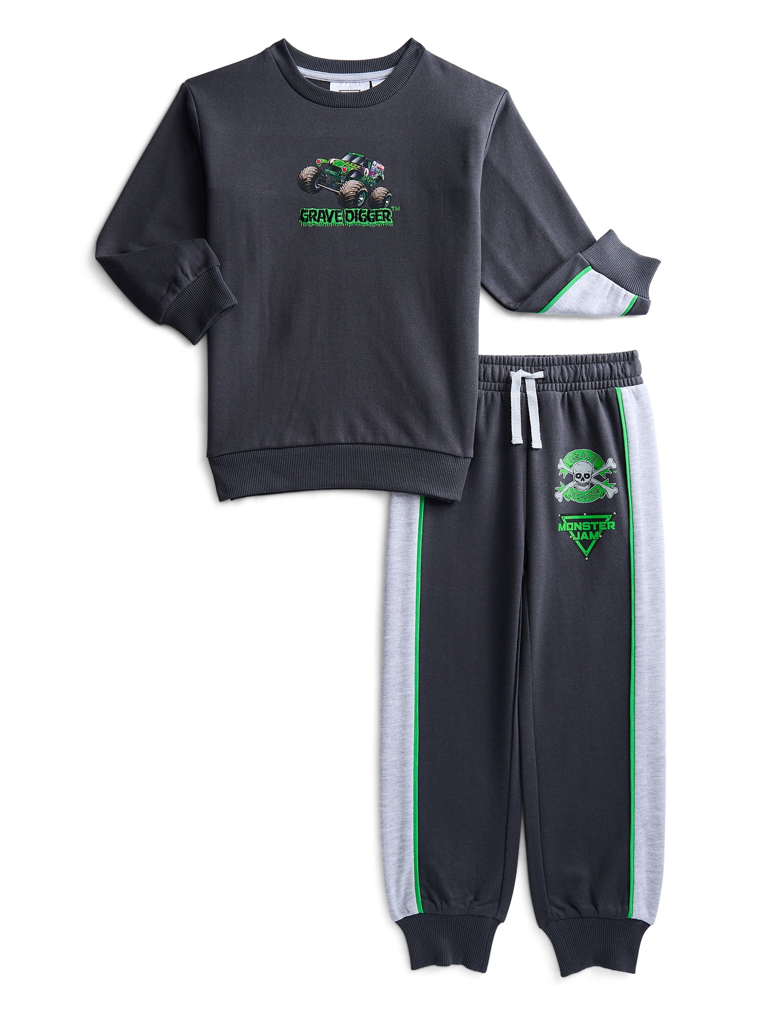 Monster Jam Boys Grave Digger Fleece Crewneck and Pants, 2-Piece Set, Sizes 4-12