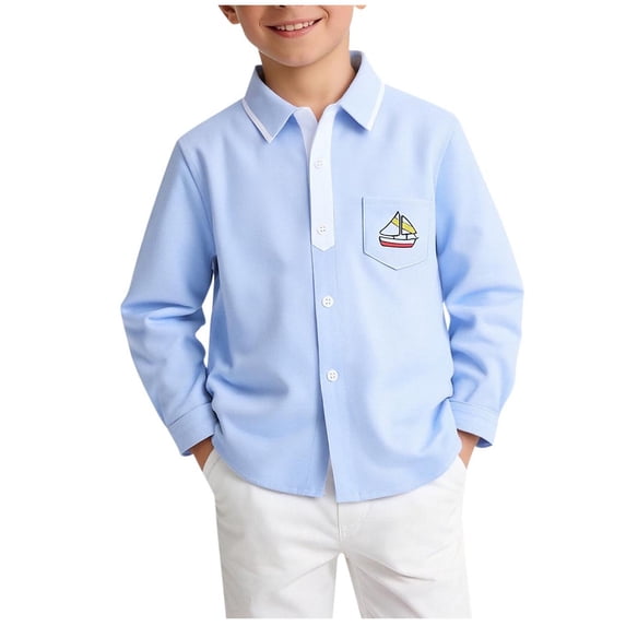 Boys Light Blue Button Down Shirt Long Sleeve Cotton, Sailboat Embroidery Everyday Casual Shirt for Kids to Teen,Size 3-4 T