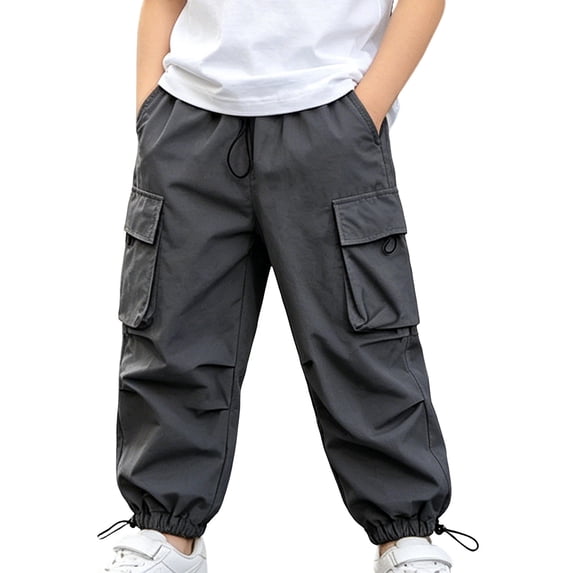 Boys' Lightweight Cargo Pants, Adjustable drawstring cuffs and functional side pockets, flexible for various daily scenes, 2-15 Years Dark Gray 7-8 Years