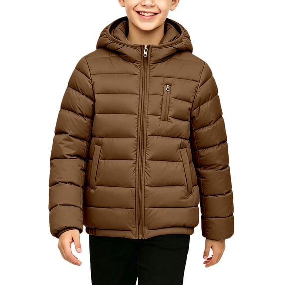 Boys Lightweight Hooded Puffer Jacket, Full Zip Quilted Warm Winter Coat with Multi Pockets, Packable Windproof Outerwear Coffee 14-15 Years