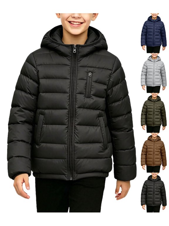 Boys Lightweight Hooded Puffer Jacket,Winter Warm Quilted Padded Coat with Zipper,Thin Down Outerwear for Teens (Sizes 9-17)