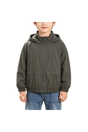 Boys Lightweight Hooded Windbreaker Jacket, Long Sleeve Full Zip Loose Fit with Pockets for Casual Outdoor Wear, Army Green, 4-5 Years