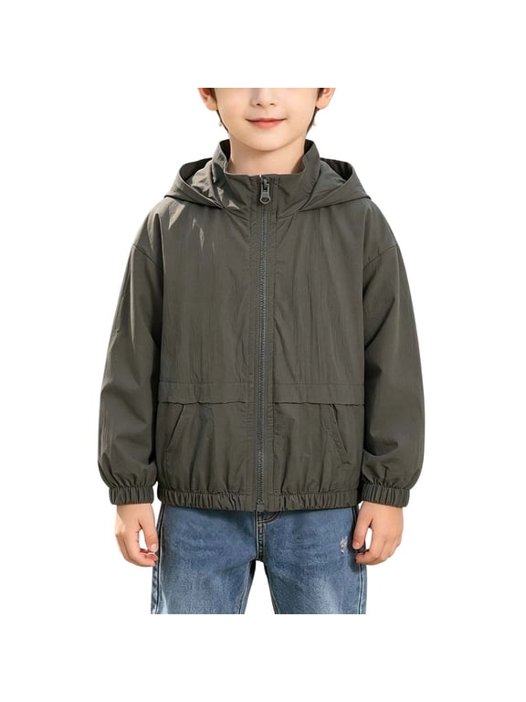 Boys Lightweight Hooded Windbreaker Jacket, Long Sleeve Full Zip Loose Fit with Pockets for Casual Outdoor Wear, Army Green, 4-5 Years