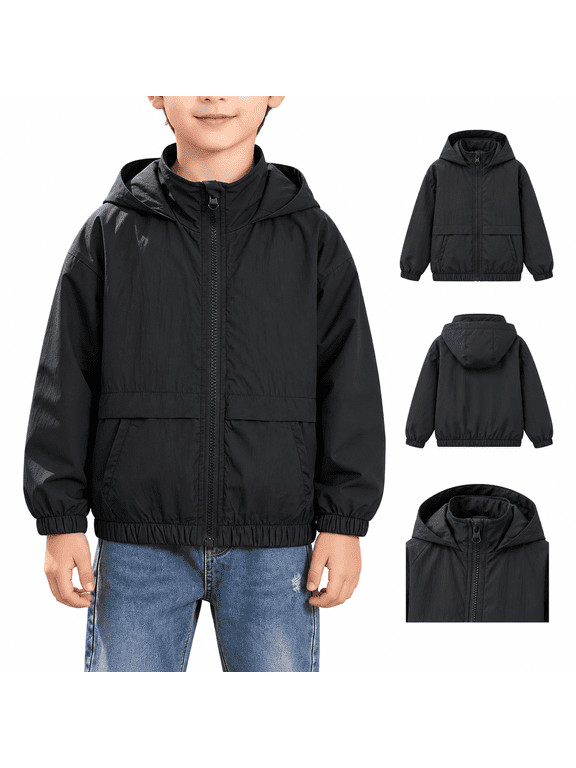 Boys Lightweight Hooded Windbreaker Jacket, Long Sleeve Full Zip Loose Fit with Pockets for Casual Outdoor Wear, Black, 10-11 Years