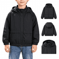 thumbnail image 1 of Boys Lightweight Hooded Windbreaker Jacket, Long Sleeve Full Zip Loose Fit with Pockets for Casual Outdoor Wear, Black, 4-5 Years, 1 of 8
