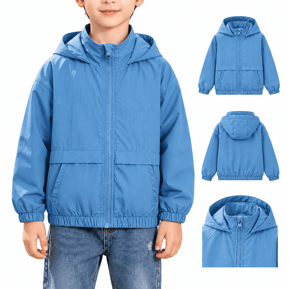 Boys Lightweight Hooded Windbreaker Jacket, Long Sleeve Full Zip Loose Fit with Pockets for Casual Outdoor Wear, Blue, 12-13 Years